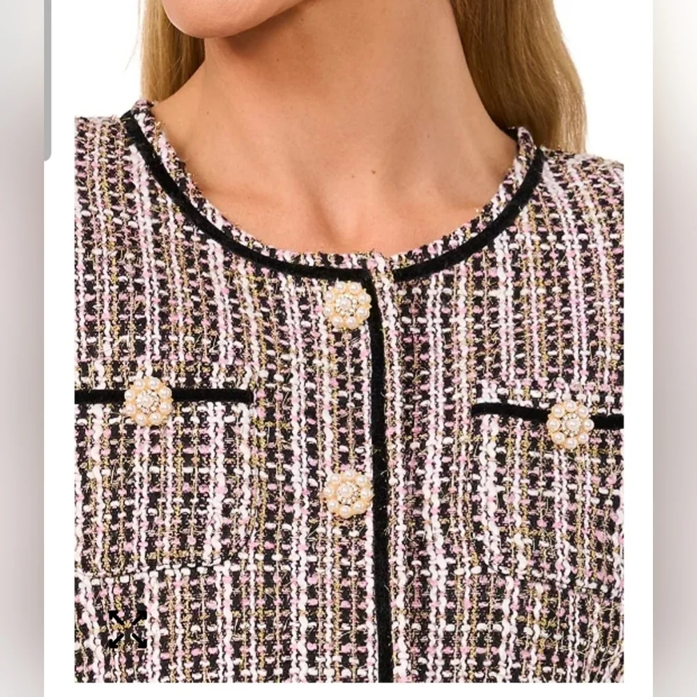 CeCe Collarless Patch Pocket Tweed Jacket - Black, Cream and Pink.
